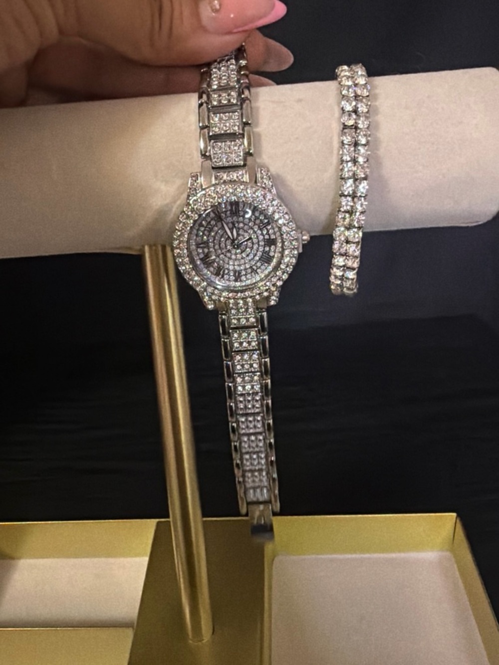 Silver Crystal-Embellished Women's Watch with Matching Bracelet